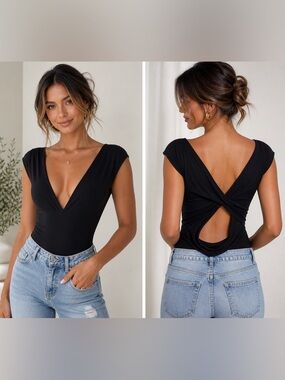 Express Black Bodysuit XL NWT Deep V Neck Open Back Stretch Chic Sexy Essential